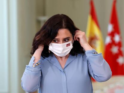 La presidenta madrileña, Isabel Díaz Ayuso, antes de la rueda de prensa de este miércoles.