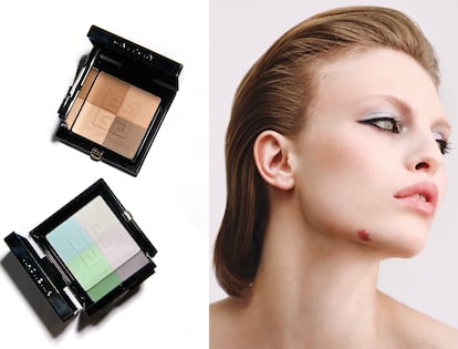 A la izda., polvos bronceadores Prisme Libre Bronzer Powder (tono Mousseline Bronzée, 001). Debajo, polvos matificantes, correctores y fijadores Prisme Libre 4-Color Pressed Powder (tono Mousseline Pastel, 01), inspirados en la teoría de la corrección del color, combina cuatro tonos que se complementan para unificar la apariencia del rostro, neutralizando cualquier irregularidad de color. Ambos de GIVENCHY BEAUTY.
A la dcha., en los ojos, sombras de la paleta Le 9 (tono 03), delineador negro Disturbia (01) y máscara de pestañas L’Interdit Couture Volume. Bajo el hueso del pómulo se aplican unos toques de los polvos bronceadores Prisme Libre Bronzer Powder (Mousseline Bronzée, 001) y, en los labios, el bálsamo con color Rose Perfecto (Vital Glow, 002). Todo de GIVENCHY BEAUTY.
