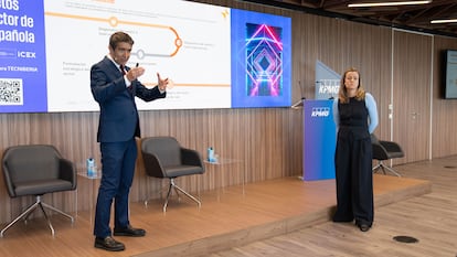 El socio de KPMG Fernando Vizoso y la 'senior manager' Ana Larrucea durante la presentación del informe "Diagnóstico y retos globales del sector de la ingeniería española".