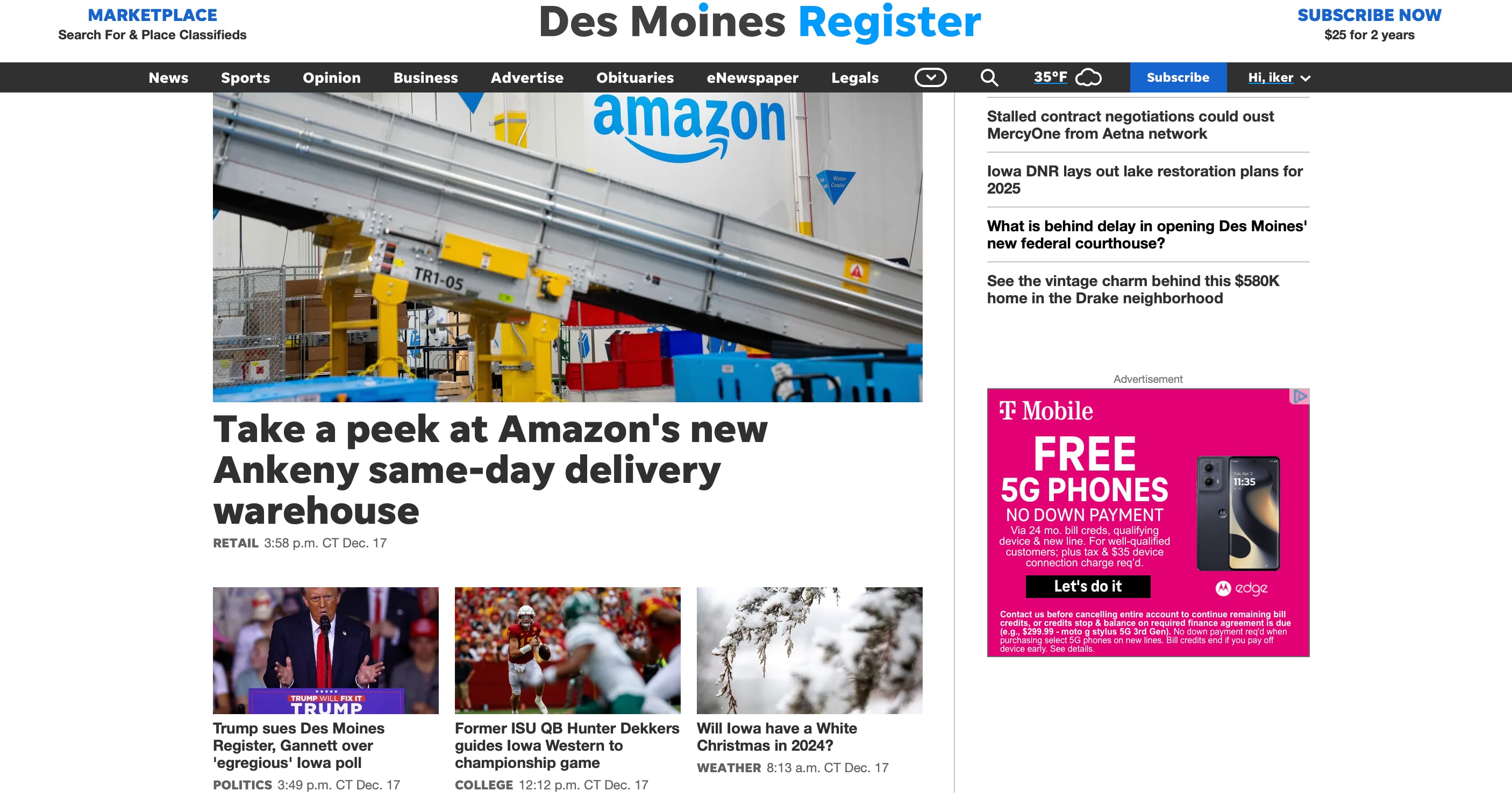 Portada de la web del diario 'Des Moines Register' de este martes, en la que se recoge la noticia de la demanda de Trump.