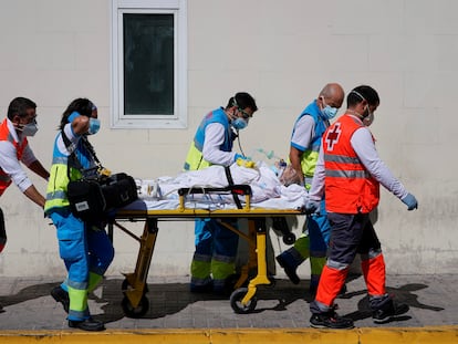 A patient is transferred at the 12 de Octubre hospital in Madrid