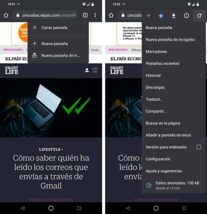 Nuevos menús de Chrome para Android.