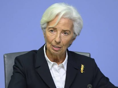 La presidenta del BCE Christine Lagarde, en rueda de prensa en enero en Fráncfort