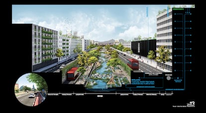 Un diagrama muestra el río desentubado y dos carriles de transporte público.