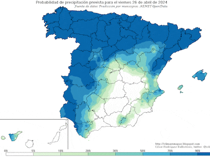 Mapas con la evolución de la probabilidad de lluvia en España, de este viernes al próximo miércoles.