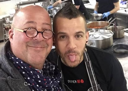 Andrew Zimmern con el chef David Muñoz a su paso por Madrid.