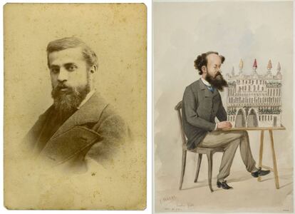 A la izquierda, un retrato de Antoni Gaudí del año 1878. A la derecha, una caricatura de su mecenas, Eusebi Güell, del año 1889.