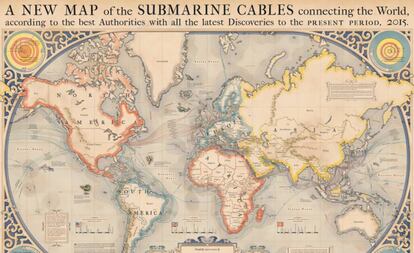 Mapa en el que se muestran los cables submarinos de fibra óptica mundiales.