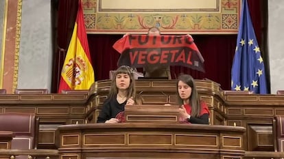 Activistas climáticos de Futuro Vegetal se pegan al atril del hemiciclo del Congreso de los Diputados, en enero de 2023.