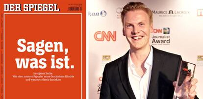 Portada del número de 'Der Spiegel' en el que se relata el fraude de Claas Relotius (a la derecha), tomada al recibir un premio de la CNN.