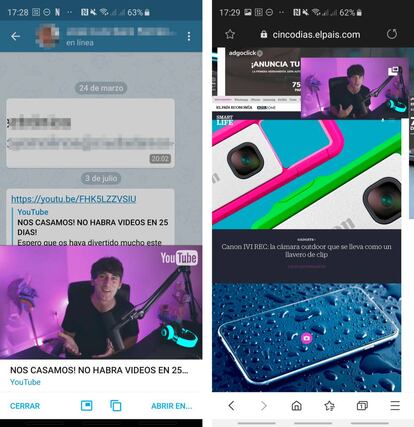 Vídeos de YouTube en Telegram.
