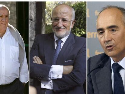 De izquierda a derecha, fotograf&iacute;as de archivo de Amancio Ortega (Inditex), Juan Roig (Mercadona), Rafael del Pino (Ferrovial).