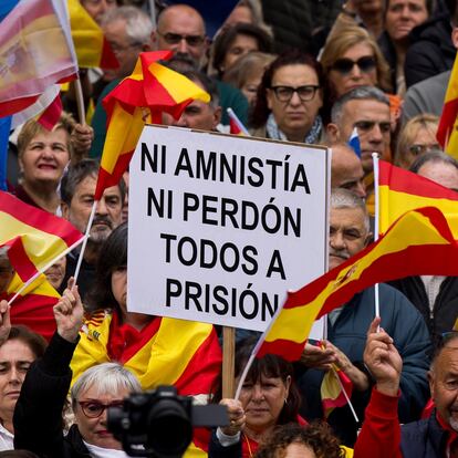 DVD1186 (12/11/23). Pontevedra. Investidura Pedro Sanchez. Política. Manifestación convocada por el Partido Popular en contra del pacto alcanzado del PSOE con JUNTS en la que se amnistía los líderes del Procés . Vista de la manifestación en la céntrica Praza da Peregrina, en Pontevedra. / ÓSCAR CORRAL (EL PAÍS).