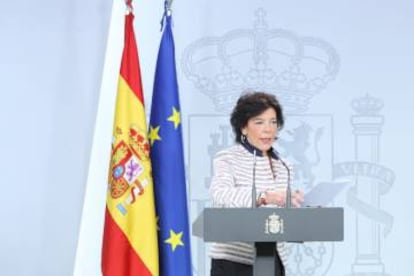 Government spokeswoman Isabel Celaá addressing the media on Tuesday.