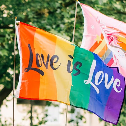 Love is love banner on a LGBTQIA+ protest outdoors