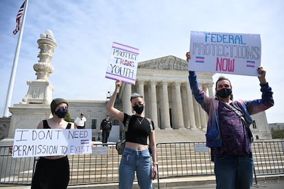 A trans rights demonstration in front of the U.S. Supreme Court in April 2023.