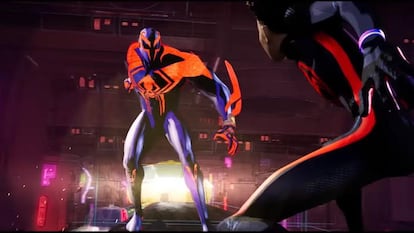 Un fotograma de la película 'Spider-Man: A través del Spider-Verso' muestra al protagonista, Miles Morales (derecha), y al antagonista, Spider-Man 2099.
