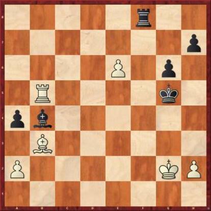 So erró aquí con 33 ...Tf5? (probablemente hubiera hecho tablas tras 33 ..Rf6! 34 Axa4 Ad6) y entró en la trampa 34 Txb4 axb3 35 e7 bxa2 (si 35 ..Te5 36 Tb5! ganando) 36 e8=D a1=D 37 De7+ Rh6 38 Th4+ Th5 39 Df8+ Dg7 40 Df4+ g5 41 Dd6+ Dg6 42 Df8+ Dg7 43 Txh5+, y So se rindió.