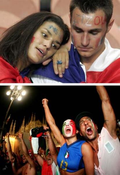 La alegría de los italianos congregados en la Plaza del Duomo de Milán contrasta con la tristeza de los aficionados franceses que se reunieron en el estadio Parque de los Príncipes de París para ver el partido.