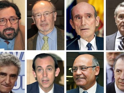 De izq. a dcha. y de arriba a abajo: el exvicepresidente de Caja Madrid José Antonio Moral Santín, el expresidente de Bankia Rodrigo Rato; el exdirectivo José Manuel Fernández Norniella; el expresidente de la entidad Miguel Blesa; el exdirectivo Matías Amat; Estanislao Rodríguez-Ponga; Gerardo Díaz Ferrán; y el ex director general de Caja Madrid Ildefonso Sánchez Barcoj.