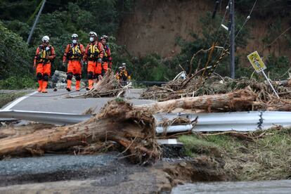 Los bomberos caminan este lunes por una carretera bloqueada por árboles rotos y postes dañados en Japón.