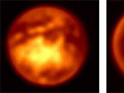 Imágenes de la luna Titán de Saturno tomadas simultáneamente el pasado febrero con uno de los telescopios VLT (Chile) y un nuevo equipo de óptica adaptativa. En la de la izquierda se aprecian detalles de la superficie, y en la de la derecha, tomada en otra longitud de onda, la atmósfera resulta opaca.