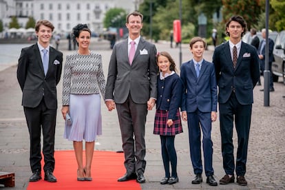 From left to right, Princes Felix, Marie, Joachim, Athena, Henrik and Nikolai at a lunch to celebrate 50 years on the throne of Queen Margrethe, in Copenhagen, in September 2022.