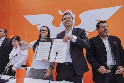 Jorge Álvarez Máynez durante su registro como candidato a la coordinación nacional de Movimiento Ciudadano, el 19 de noviembre de 2024.