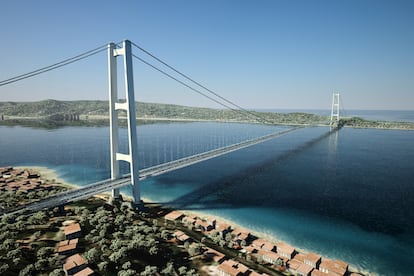 Render digital del proyecto del puente, que costaría 13,5 billones de euros. 