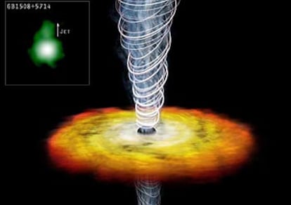 La fuente de energía procede de un quásar, ilustrado por la NASA en la imagen grande. La pequeña está tomada por Chandra.