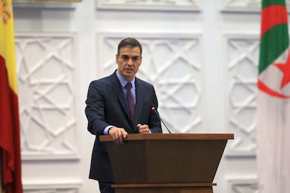 Spanish Prime Minister Pedro Sanchez speaking from Algiers on Thursday.