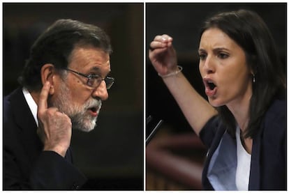 El presidente del Gobierno, Mariano Rajoy, y la portavoz de Unidos de Podemos, Irene Montero, durante sus respectivas intervenciones en el Congreso de los Diputados.