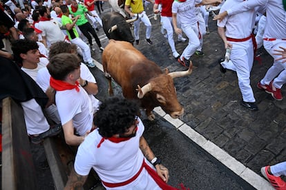 Uno de los astados de Jandilla rodeado de mozos durante el quinto encierro de San Fermín.