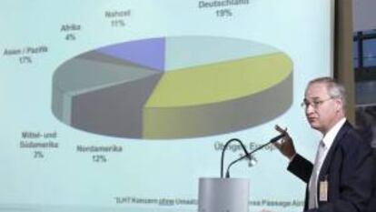 El director financiero de Lufthansa Technik, Peter Jansen, ofrece una rueda de prensa en Hamburgo (Alemania). EFE/Archivo