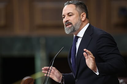 El líder de Vox, Santiago Abascal, durante su intervención en el Congreso.