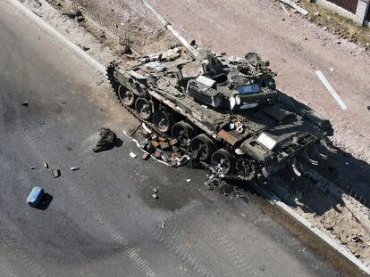 An image of a burnt-out Russian tank in Kyiv provided by the Ukrainian government.