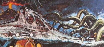 El gran pionero de la ciencia-ficción, junto a Wells, es Julio Verne, cuyas obras, que recrean alucinantes viajes submarinos, al centro de la Tierra y al espacio exterior, no dejan de generar adaptaciones. Dos de las últimas son la teleserie 'Perdidos', inspirada en 'La isla misteriosa', y el proyecto de David Fincher de rodar '20.000 leguas de viaje submarino'. En la imagen, carátula de la versión dirigida por Richard Fleischer en 1954.