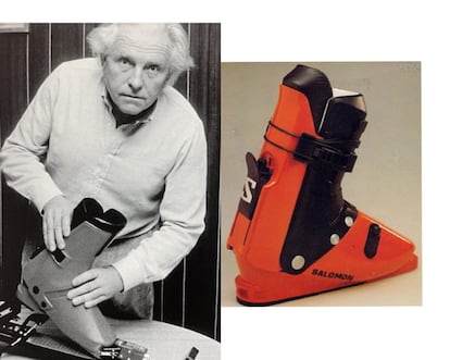 George Salomon y la primera bota de esquí de la marca, el modelo SX90. FOTO: CORTESÍA DE SALOMON