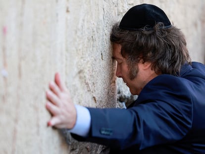 Argentina's President Javier Milei visits the Western Wall, Judaism's holiest prayer site during his tour in Jerusalem's Old City, February 6, 2024.