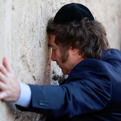 Argentina's President Javier Milei visits the Western Wall, Judaism's holiest prayer site during his tour in Jerusalem's Old City, February 6, 2024.