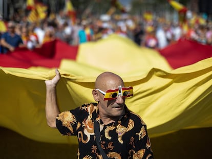 Un manifestante sujeta una bandera española, este domingo en Barcelona.