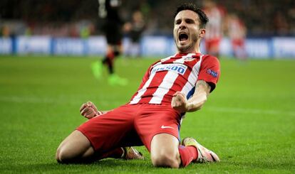 El jugador Saúl Níguez del Atlético de Madrid celebra un gol.