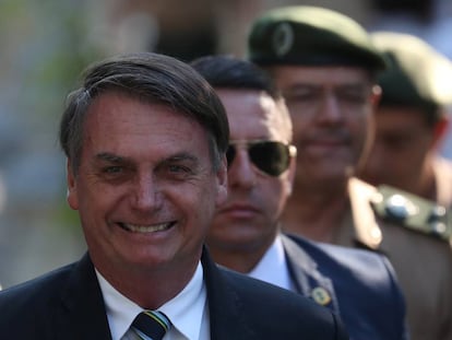 O presidente Jair Bolsonaro nesta segunda-feira no Rio do Janeiro, no aniversário de uma escola militar.