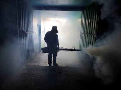 Un trabajador municipal fumiga un mercado contra el mosquito que transmite el dengue, en Tegucigalpa.