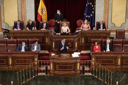 El presidente del Gobierno, Pedro Sánchez, interviene durante la primera jornada del debate sobre el estado de la nación. Se trata del primer debate de esta índole que se celebra en 7 años. 