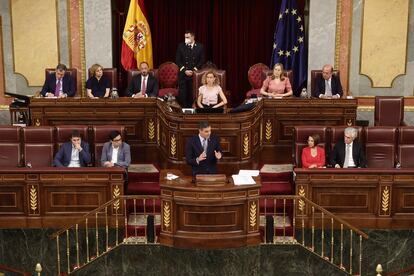 El presidente del Gobierno, Pedro Sánchez, interviene durante la primera jornada del debate sobre el estado de la nación. Se trata del primer debate de esta índole que se celebra en 7 años. 