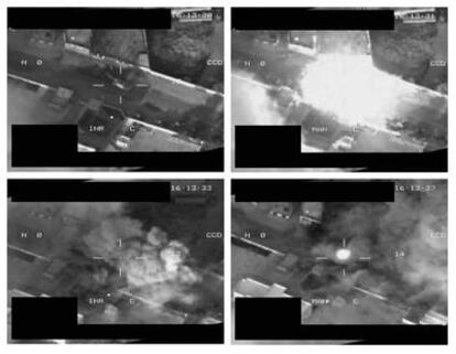 Secuencia que muestra el bombardeo de un carro blindado de Gadafi desde un avión de la OTAN.