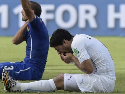 Luis Suárez se duele tras morder a Chiellini.