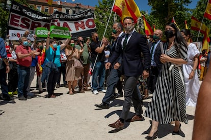 Santiago Abascal, líder de Vox, en una concentración el 24 de junio en Madrid contra los indultos a los presos catalanes independentistas.