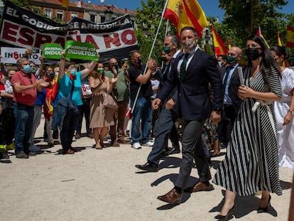 Santiago Abascal, líder de Vox, en una concentración el 24 de junio en Madrid contra los indultos a los presos catalanes independentistas.